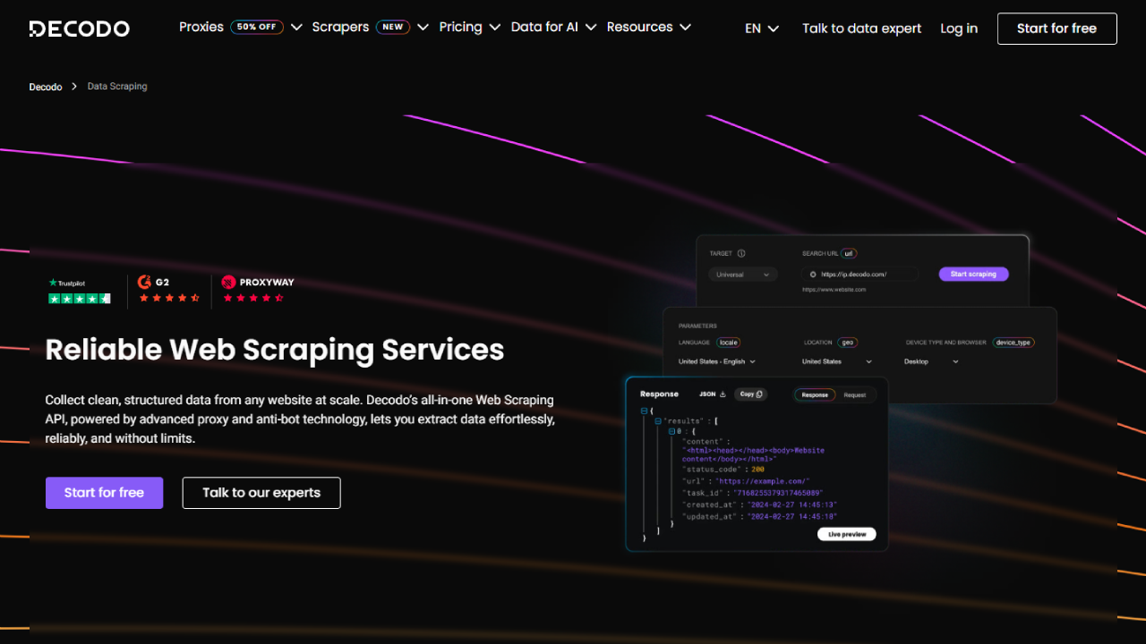 Decodo Scraping Services Homepage